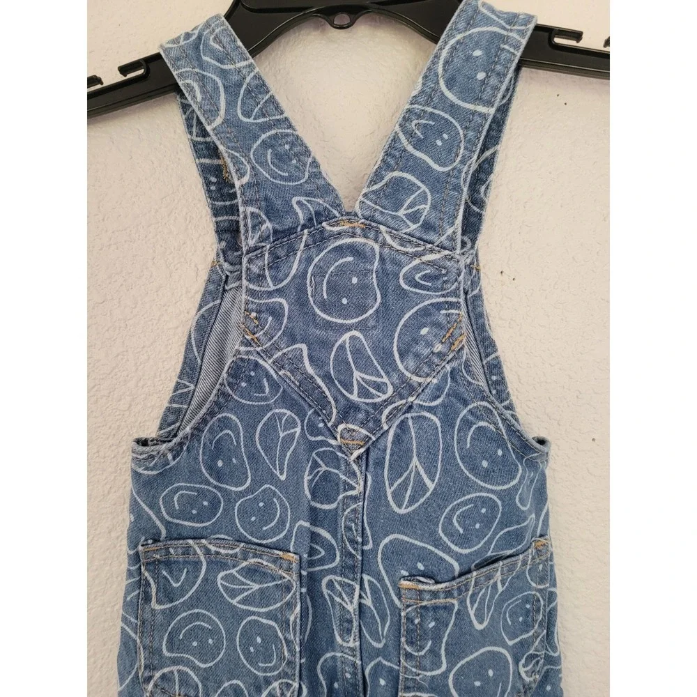 Old Navy Workwear Baby Blue Denim Smiley Face Peace Sign Overalls 12-18 M #8